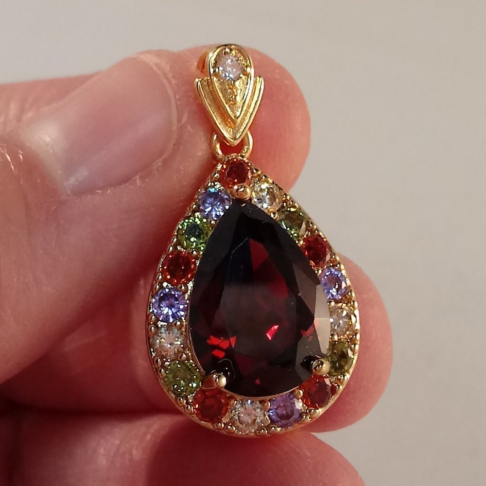 18K Yellow Gold Filled Large Garnet Red Diamond Zircon Necklace Pendant 5.75ctw